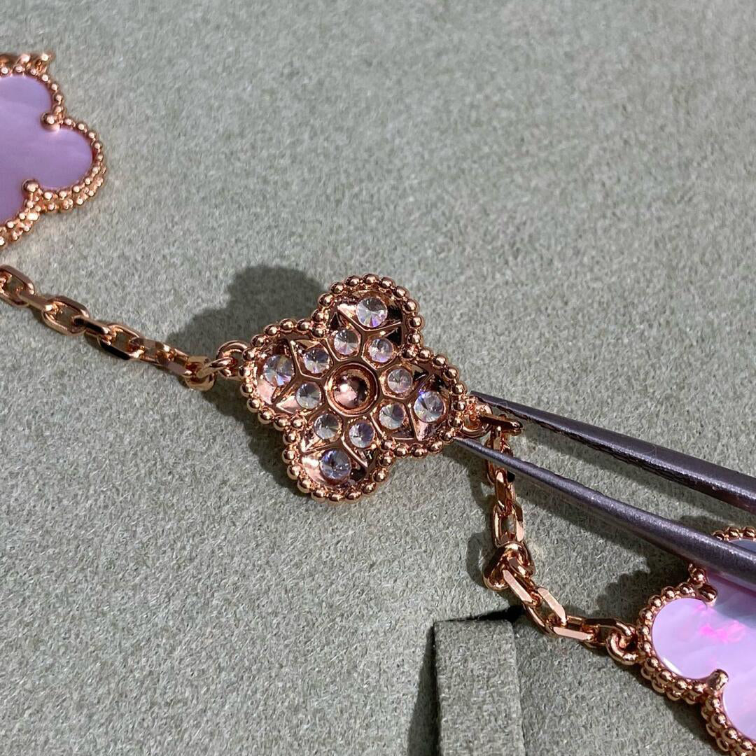 [Clara Jewels]CLOVER 10 MOTIFS DIAMOND PINK MOP NECKLACE