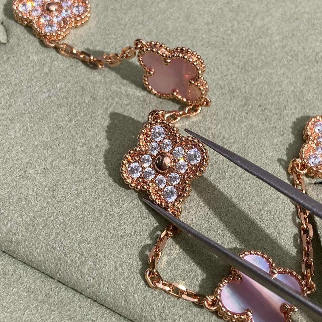 [Clara Jewels]CLOVER 10 MOTIFS DIAMOND PINK MOP NECKLACE