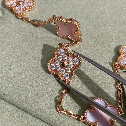 [Clara Jewels]CLOVER 10 MOTIFS DIAMOND PINK MOP NECKLACE
