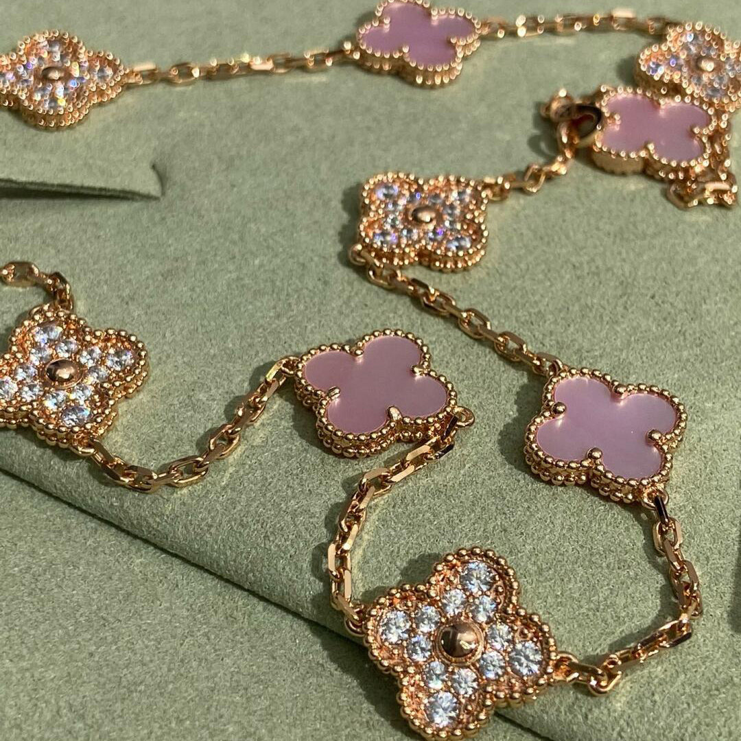 [Clara Jewels]CLOVER 10 MOTIFS DIAMOND PINK MOP NECKLACE