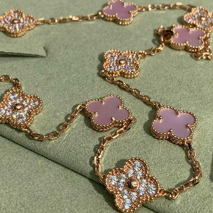 [Clara Jewels]CLOVER 10 MOTIFS DIAMOND PINK MOP NECKLACE