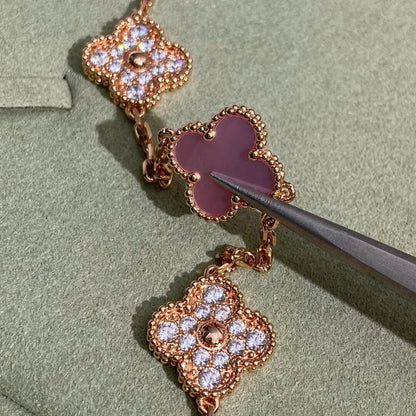 [Clara Jewels]CLOVER 10 MOTIFS DIAMOND PINK MOP NECKLACE