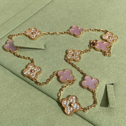 [Clara Jewels]CLOVER 10 MOTIFS DIAMOND PINK MOP NECKLACE