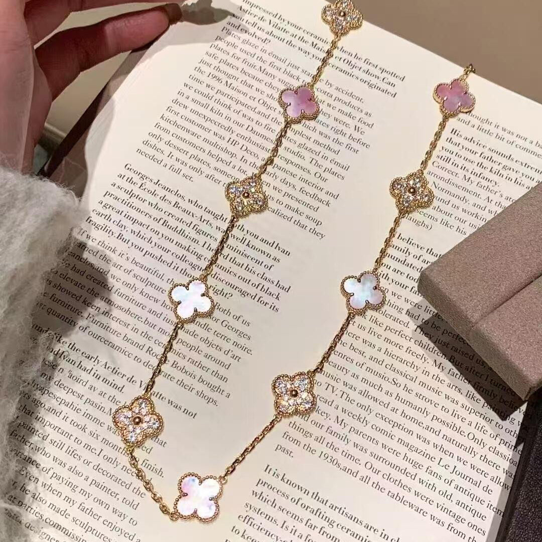 [Clara Jewels]CLOVER 20 MOTIFS DIAMOND PINK MOP NECKLACE