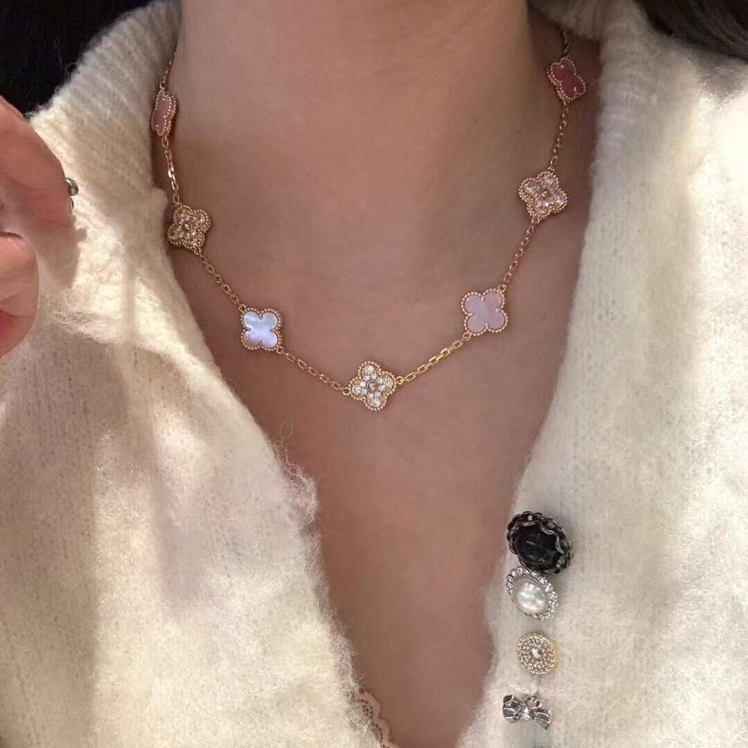 [Clara Jewels]CLOVER 10 MOTIFS DIAMOND PINK MOP NECKLACE