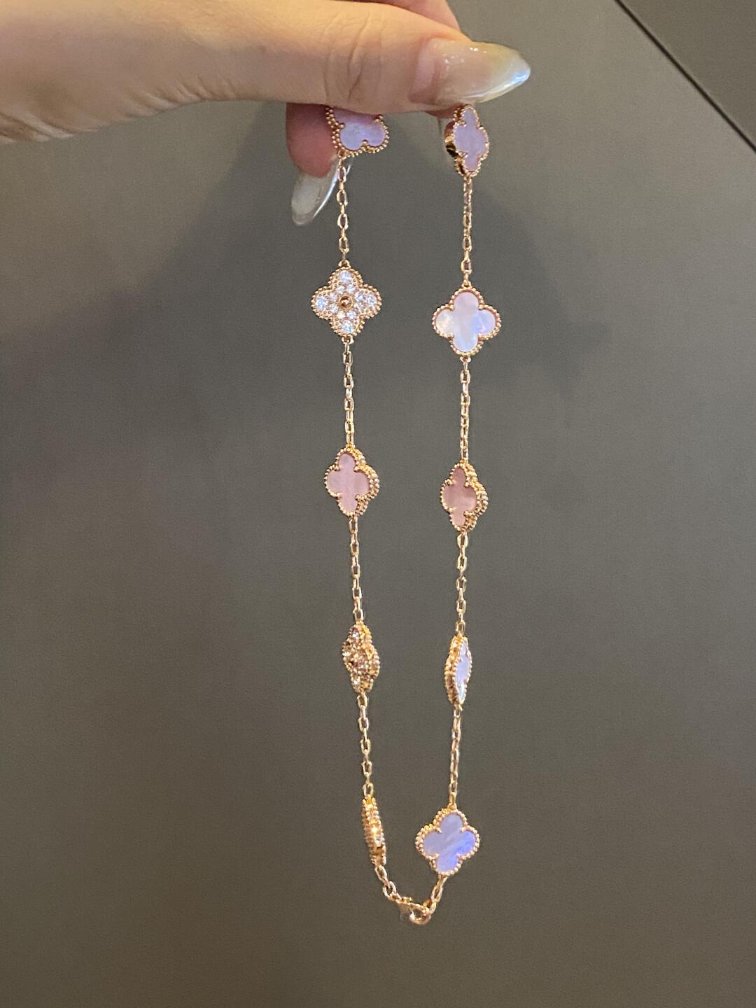 [Clara Jewels]CLOVER 10 MOTIFS DIAMOND PINK MOP NECKLACE