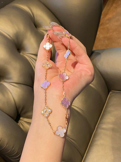 [Clara Jewels]CLOVER 10 MOTIFS DIAMOND PINK MOP NECKLACE