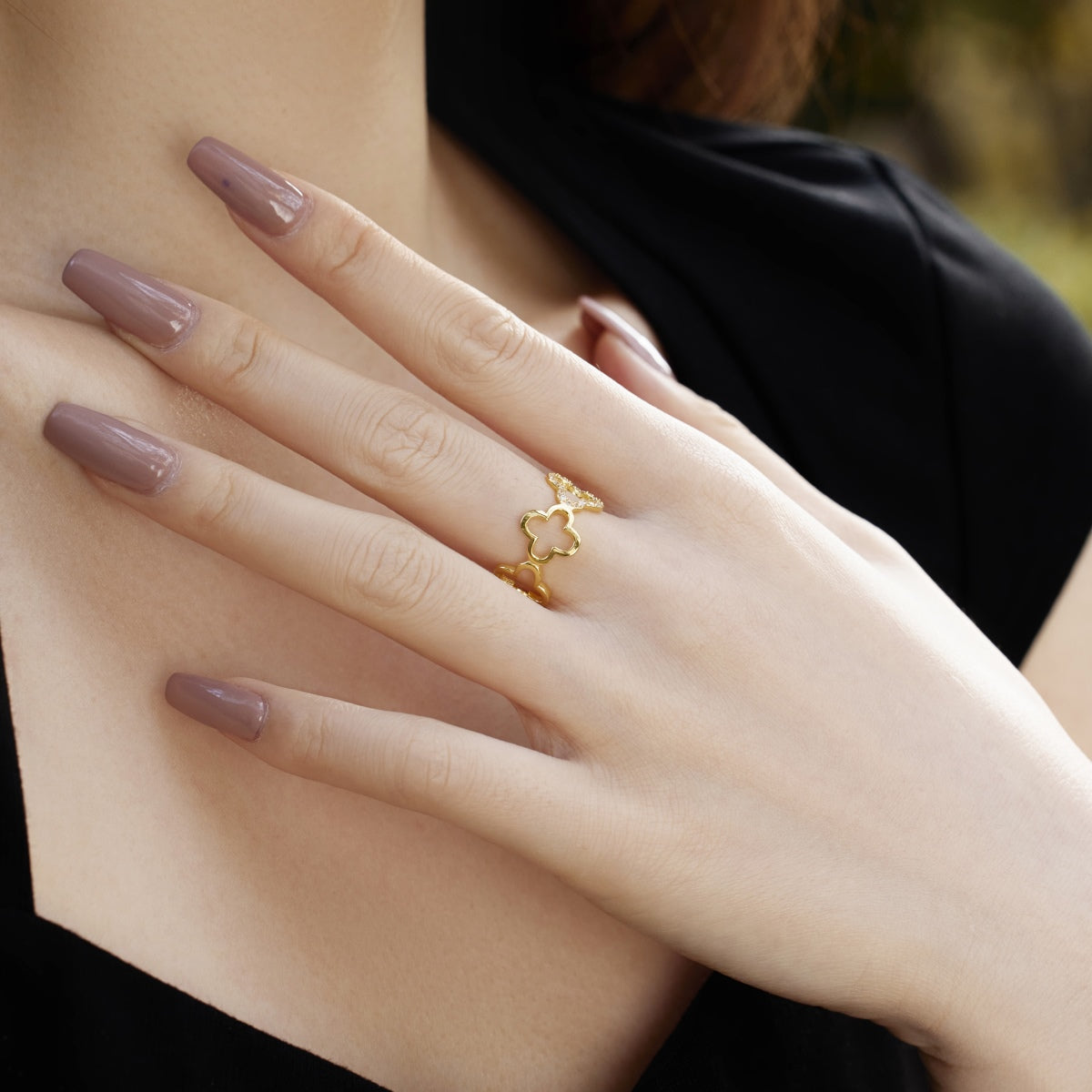 [Clara Jewels]Hollow Design Four-Leaf Clover Flower Shape Ring