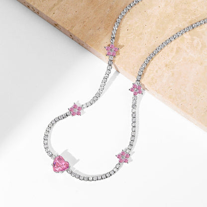 [Clara Jewels]Dazzling Pink Heart Flower Necklace