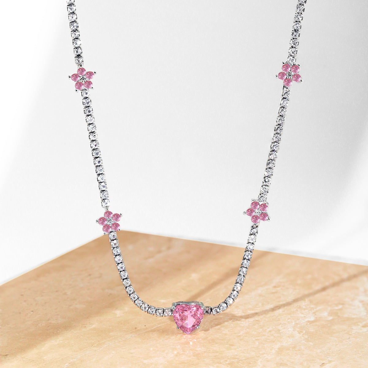 [Clara Jewels]Dazzling Pink Heart Flower Necklace
