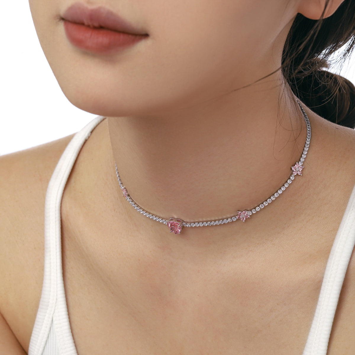[Clara Jewels]Dazzling Pink Heart Flower Necklace