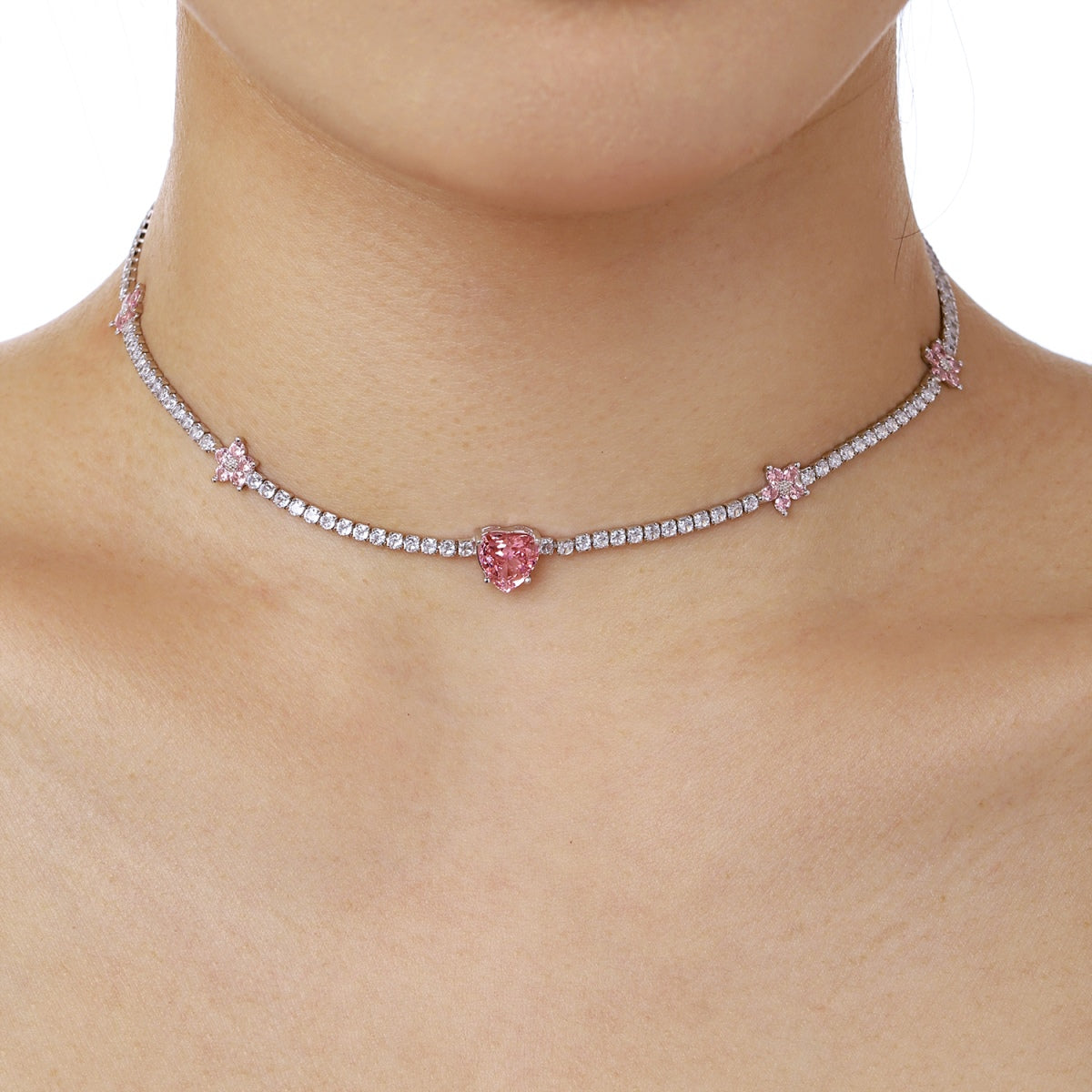 [Clara Jewels]Dazzling Pink Heart Flower Necklace