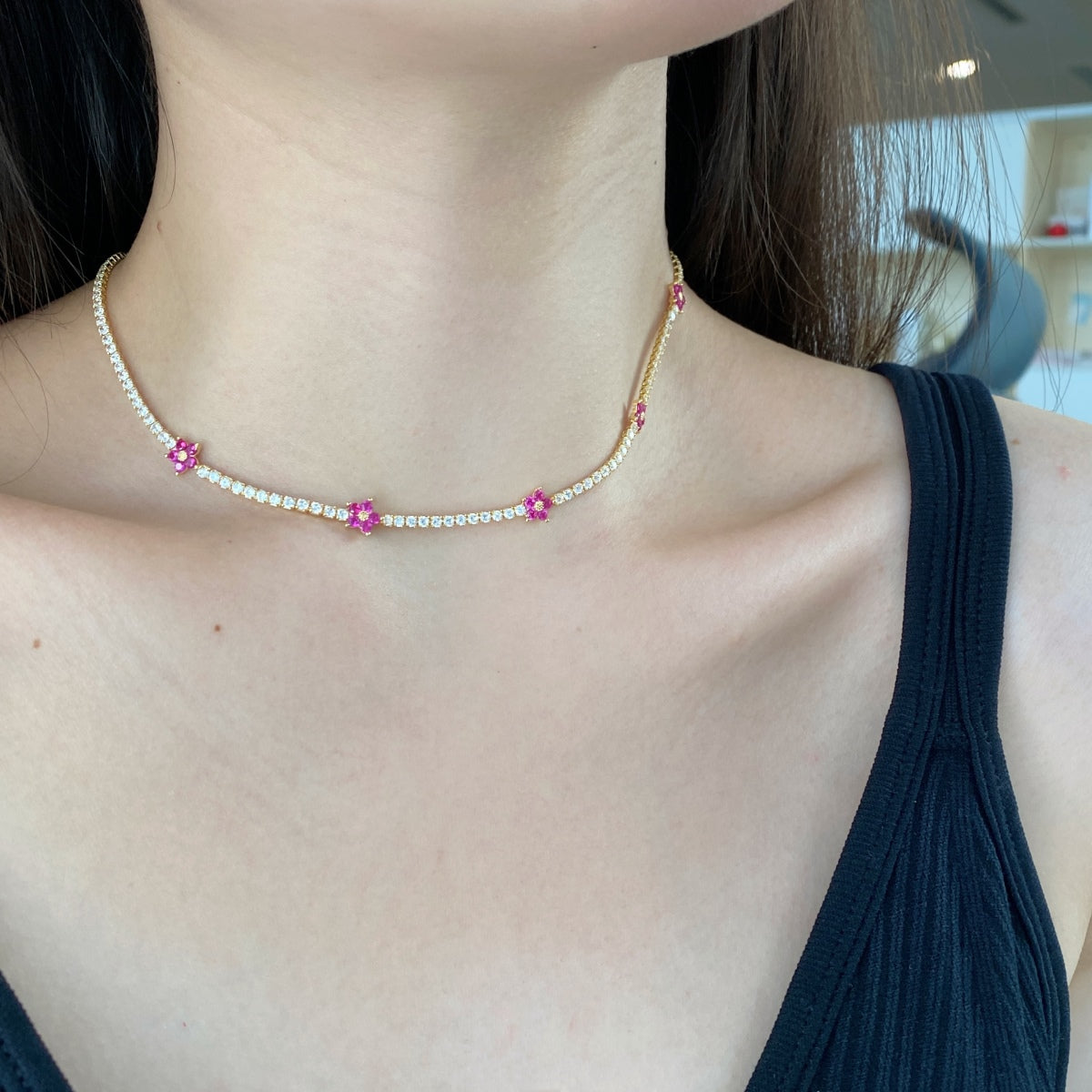 [Clara Jewels]Luxurious Colorful Flower Tennis Necklace