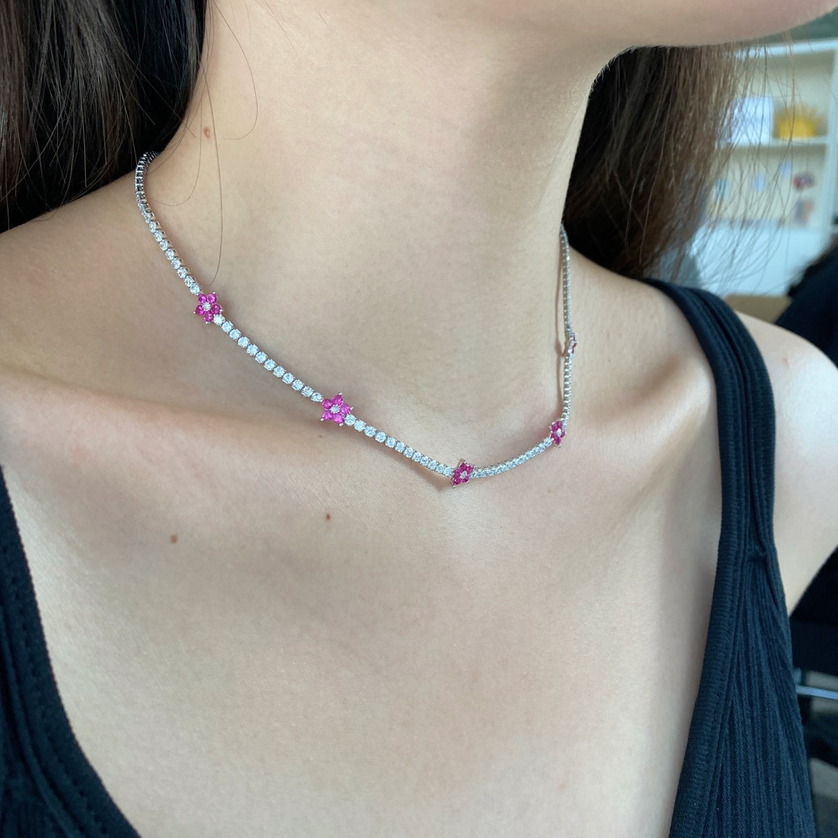 [Clara Jewels]Luxurious Colorful Flower Tennis Necklace