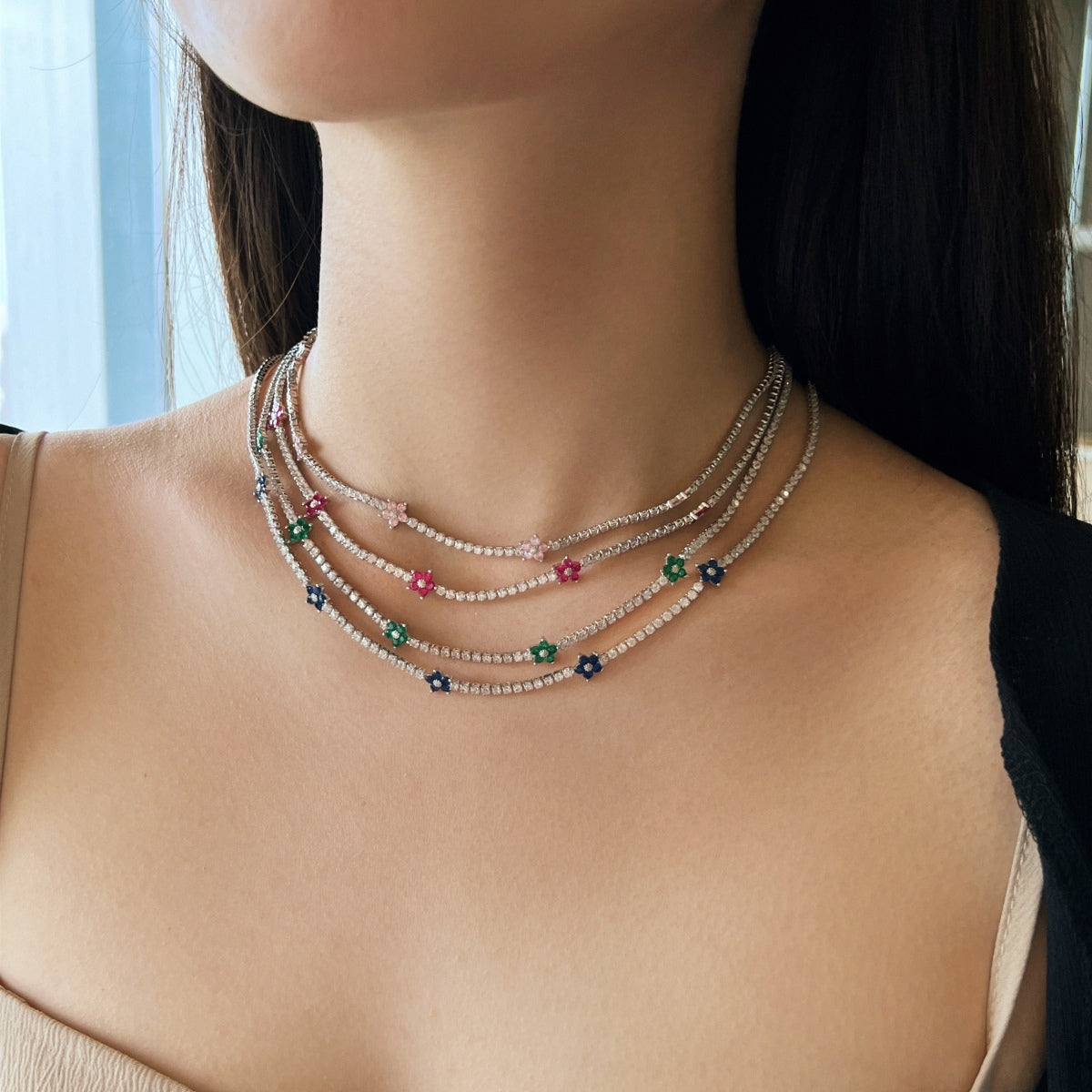[Clara Jewels]Luxurious Colorful Flower Tennis Necklace