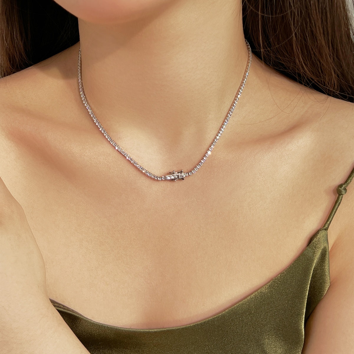 [Clara Jewels]Delicate Round Shape Tennis Necklace