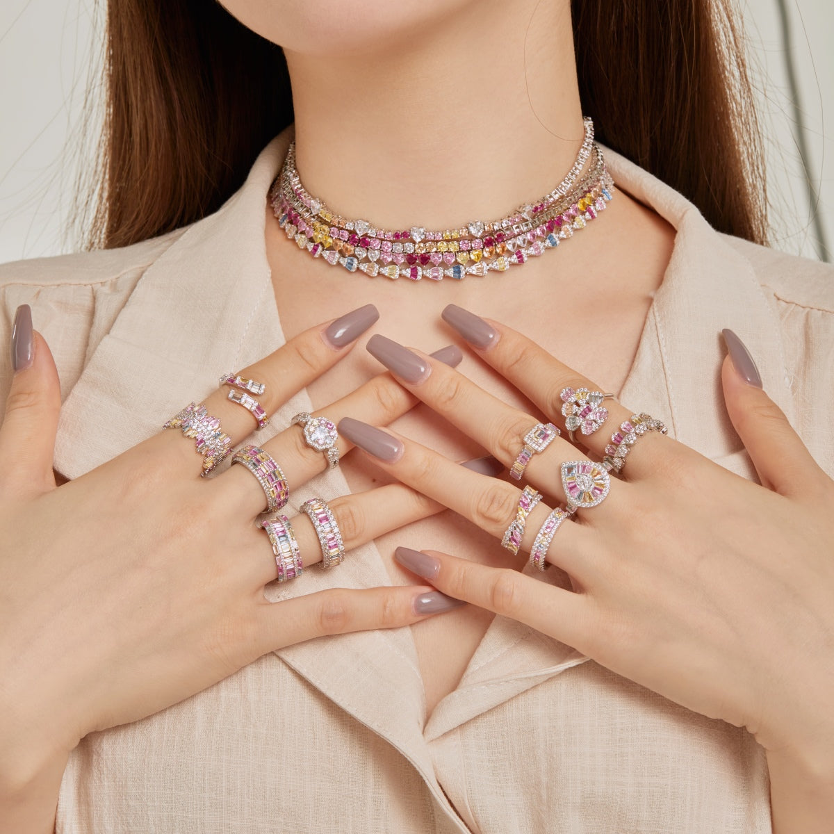 [Clara Jewels]Sparkling Colorful Full Heart Tennis Necklace