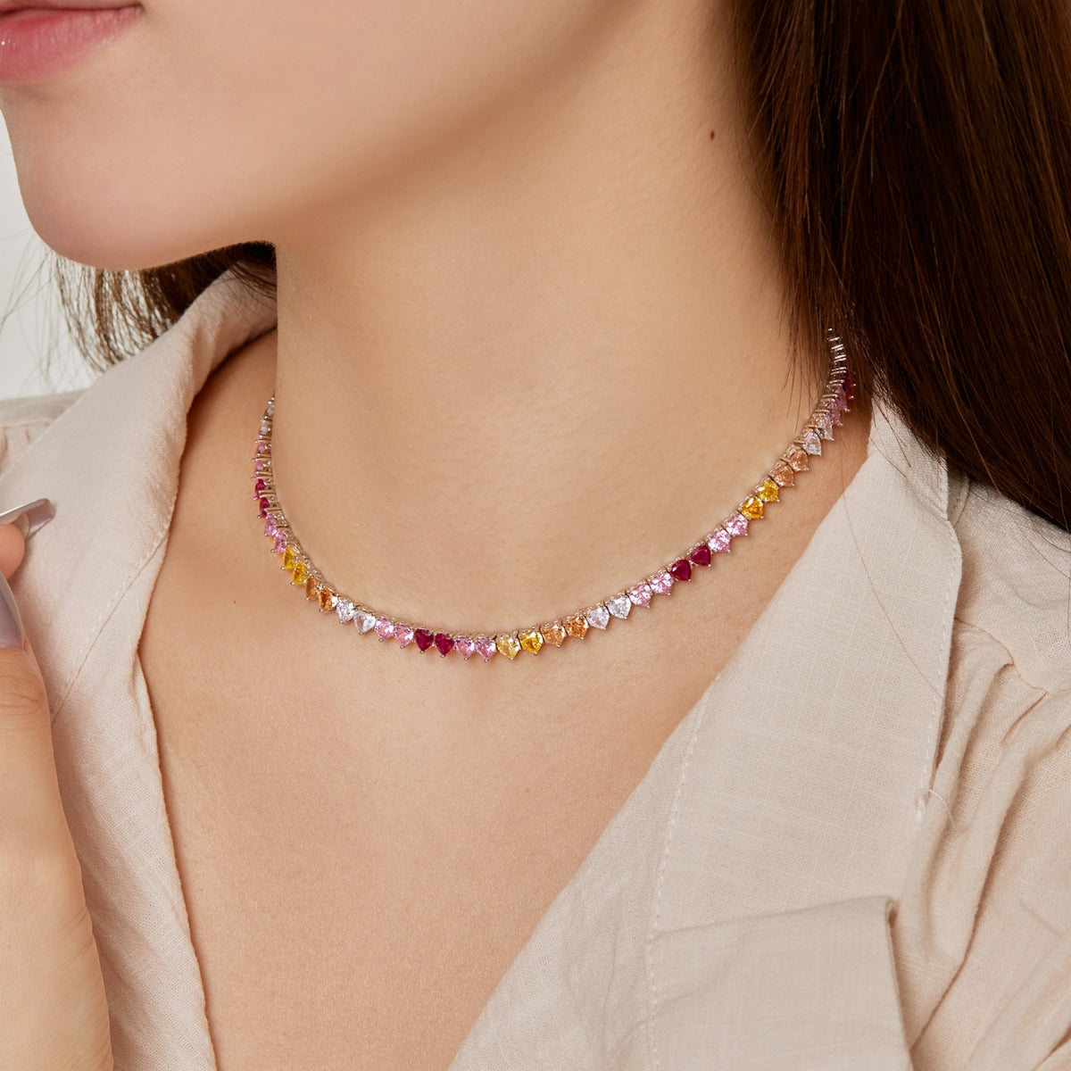 [Clara Jewels]Sparkling Colorful Full Heart Tennis Necklace
