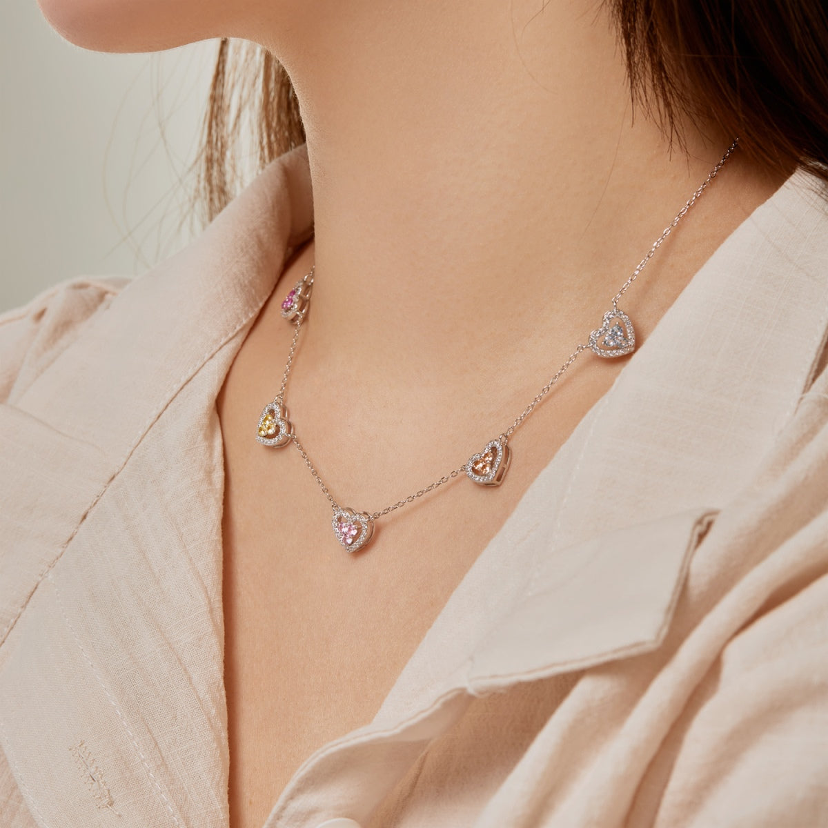 [Clara Jewels]Sparkling Five Heart Necklace