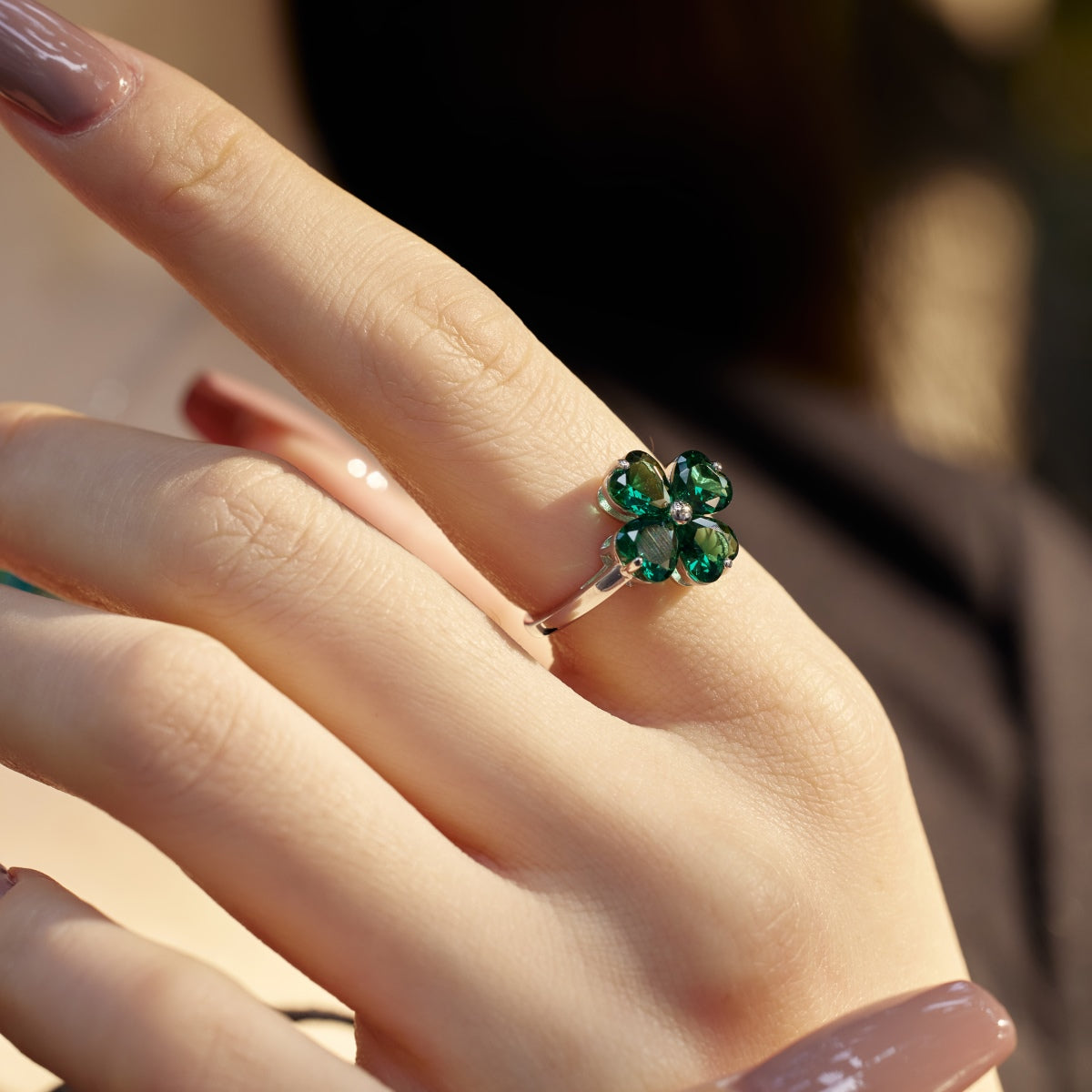 [Clara Jewels]Heart-shaped Four-Leaf Clover Ball Ring