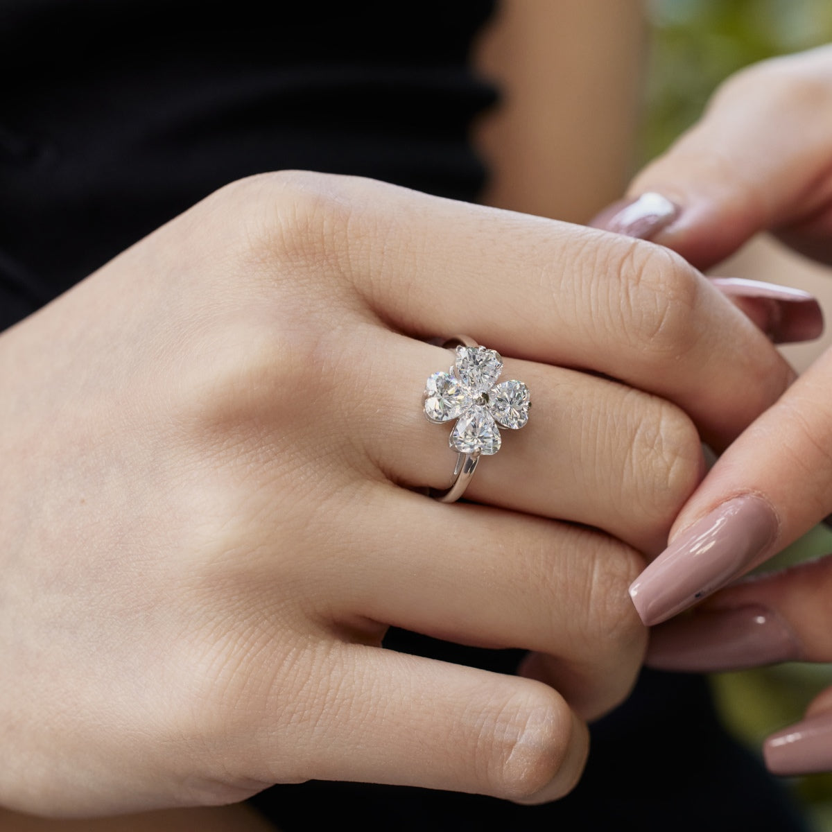 [Clara Jewels]Heart-shaped Four-Leaf Clover Ball Ring