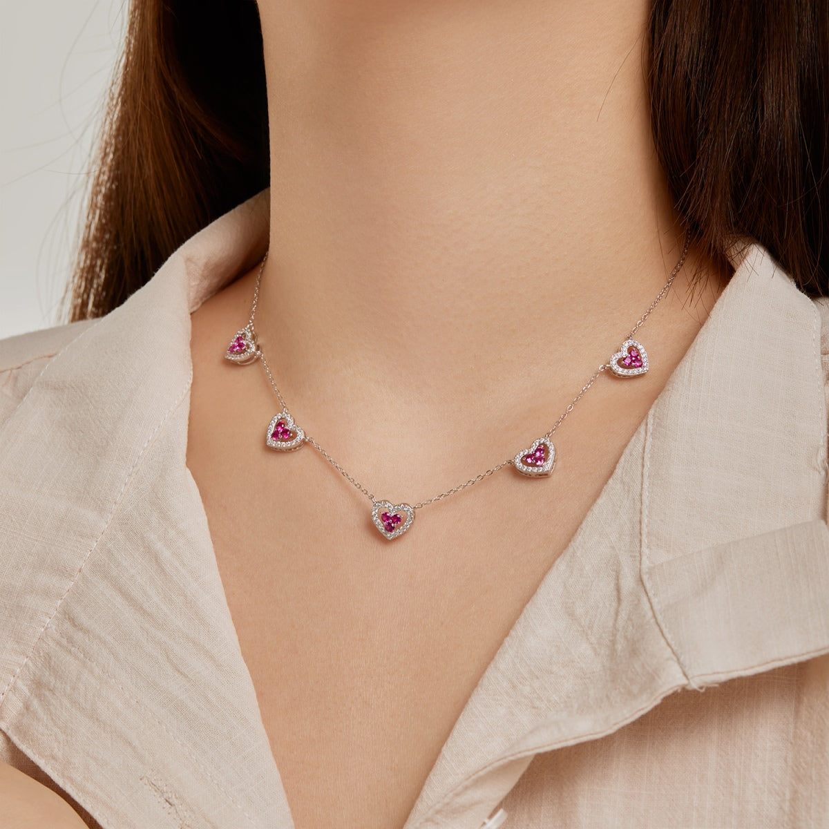 [Clara Jewels]Sparkling Five Heart Necklace