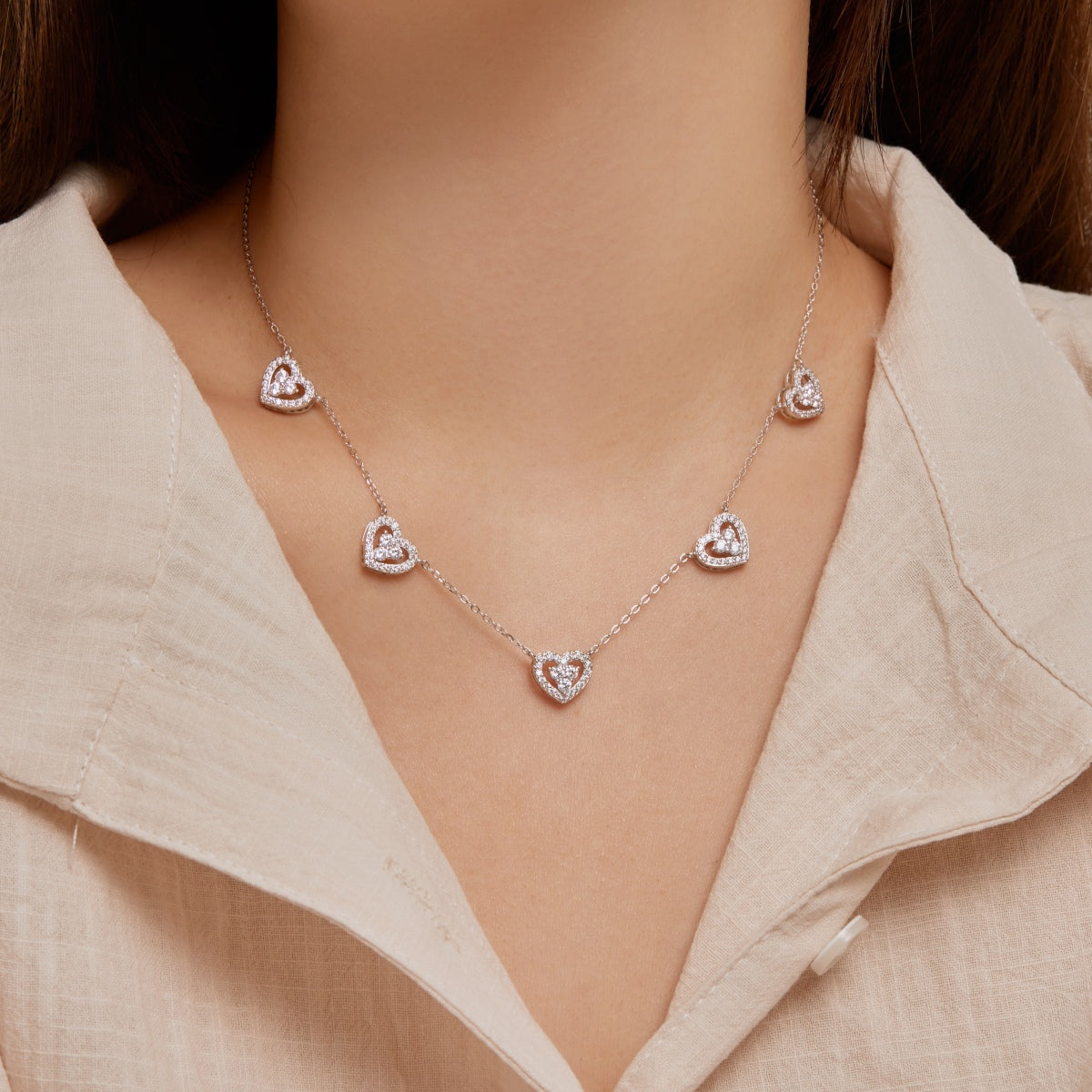 [Clara Jewels]Sparkling Five Heart Necklace