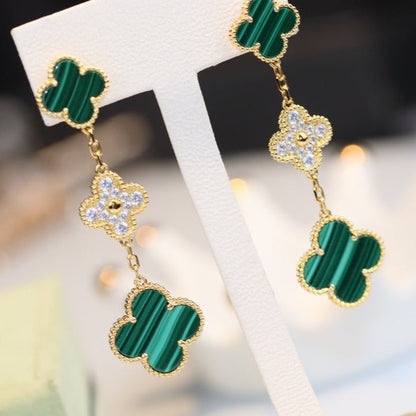 [Clara Jewels]CLOVER EARRINGS GOLD MALACHITE DIAMOND 3 MOTIF