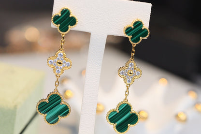 [Clara Jewels]CLOVER EARRINGS GOLD MALACHITE DIAMOND 3 MOTIF
