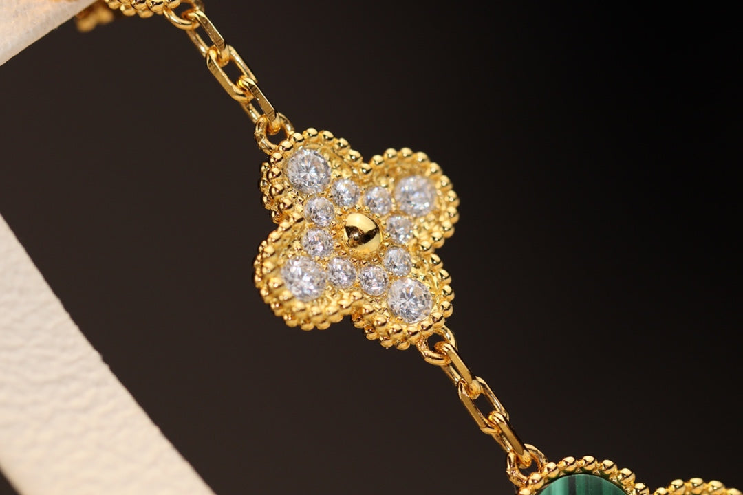 [Clara Jewels]CLOVER EARRINGS GOLD MALACHITE DIAMOND 3 MOTIF