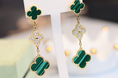 [Clara Jewels]CLOVER EARRINGS GOLD MALACHITE DIAMOND 3 MOTIF
