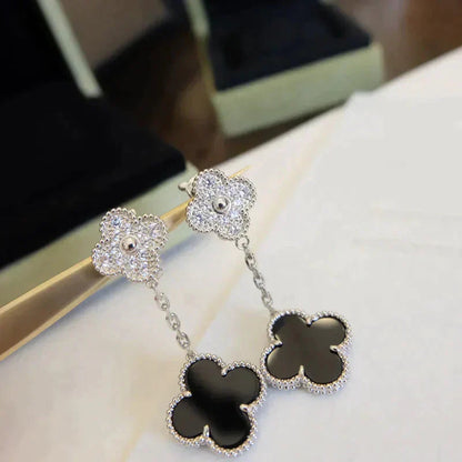 [Clara Jewels]CLOVER 2 MOTIFS  DIAMOND ONYX EARRINGS SILVER