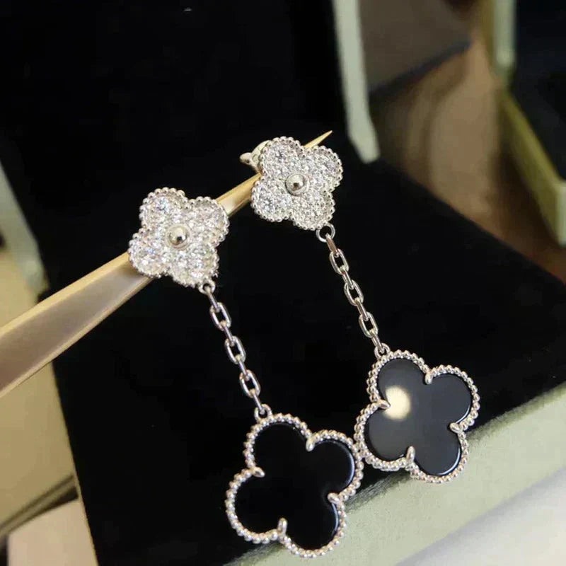 [Clara Jewels]CLOVER 2 MOTIFS  DIAMOND ONYX EARRINGS SILVER