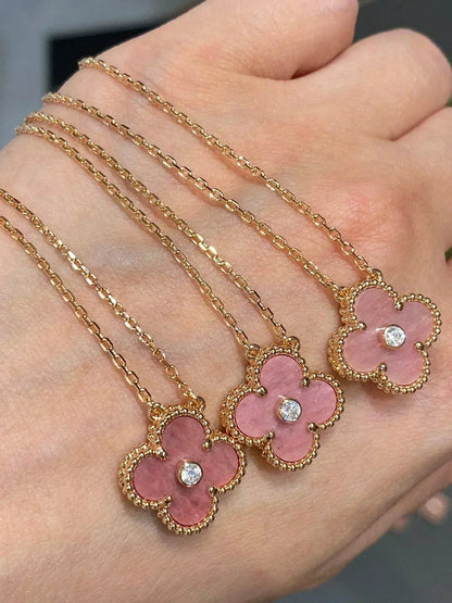 [Clara Jewels]CLOVER 15MM DIAMOND RHODONITE NECKLACE