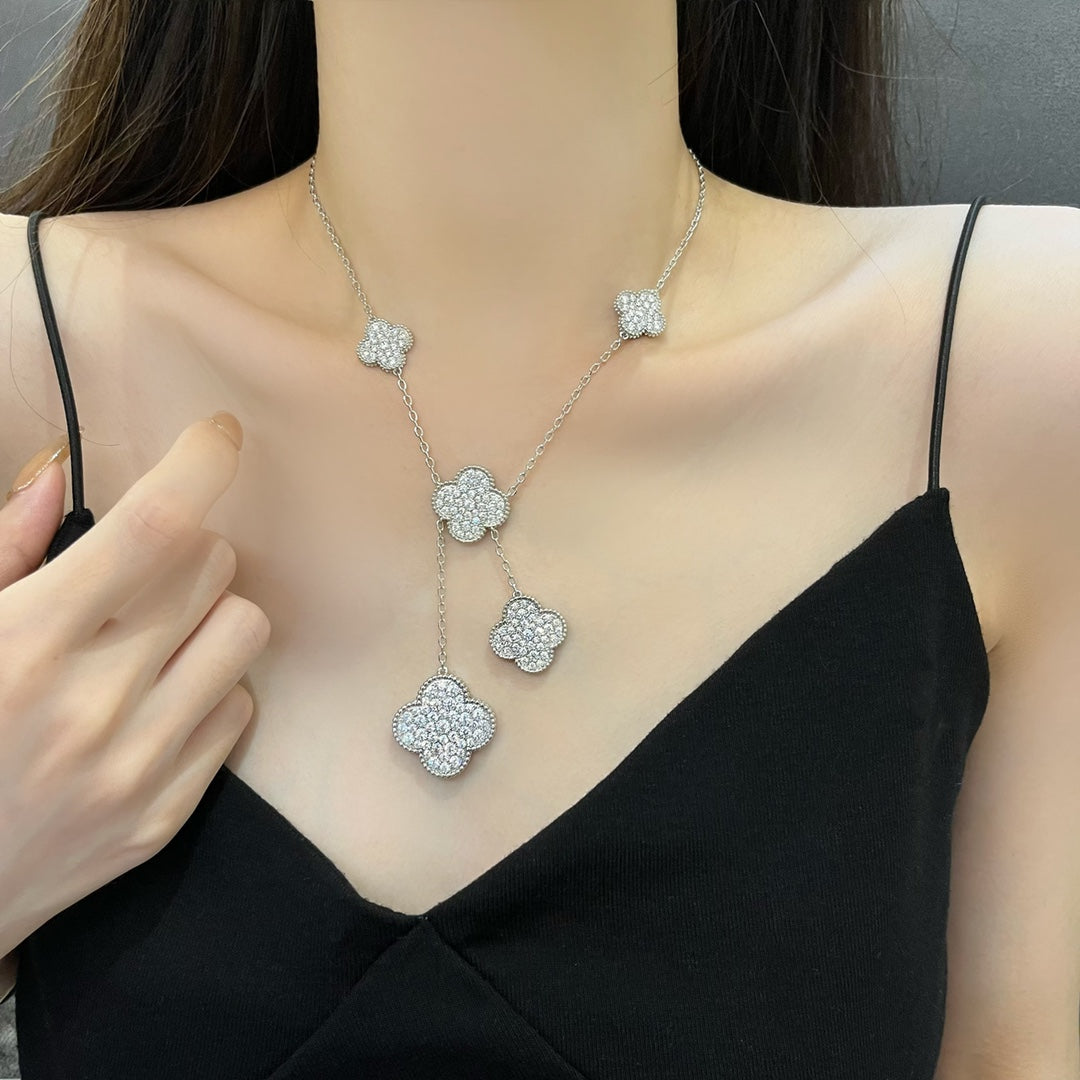 [Clara Jewels]CLOVER 5 MOTIFS SILVER DIAMONDS NECKLACE