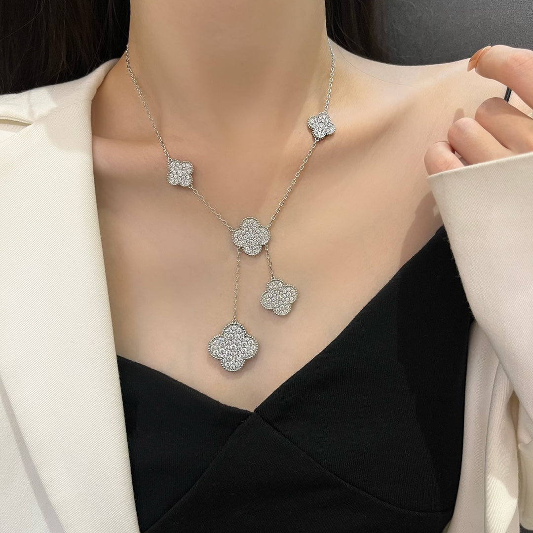 [Clara Jewels]CLOVER 5 MOTIFS SILVER DIAMONDS NECKLACE