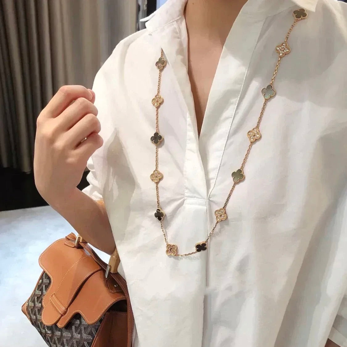 [Clara Jewels]CLOVER 20 MOTIFS DARK MOP DIAMOND  NECKLACE