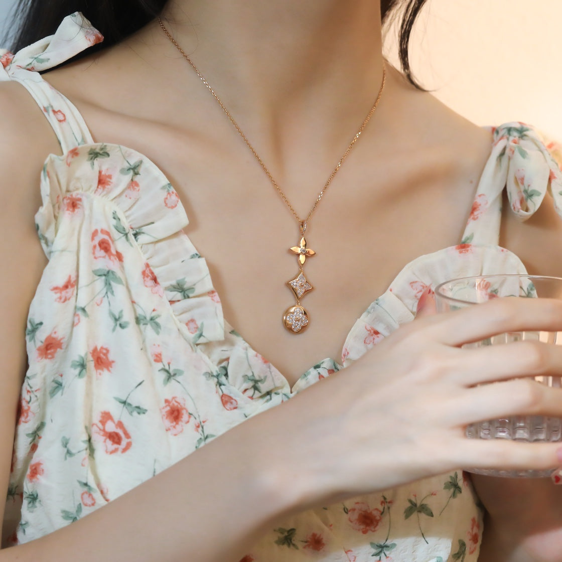 [Clara Jewels]STAR AND SUN DIAMOND PINK GOLD NECKLACE