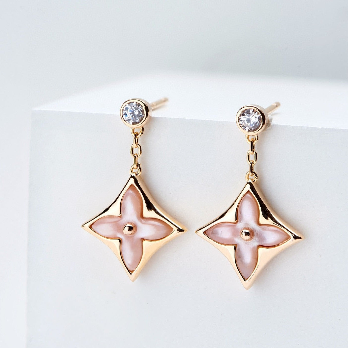 [Clara Jewels]DOUBLE STAR PINK GOLD MOP DROP EARRINGS