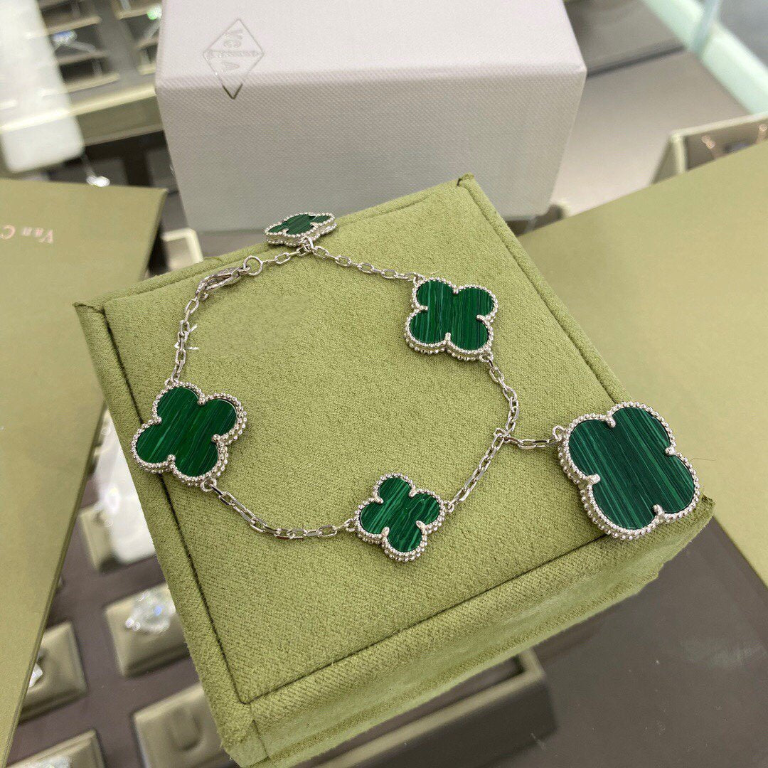 [Clara Jewels]CLOVER 5 MOTIFS SIVLER MALACHITE BRACELET