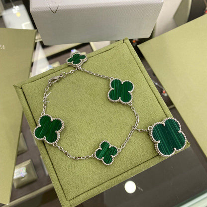 [Clara Jewels]CLOVER 5 MOTIFS SIVLER MALACHITE BRACELET