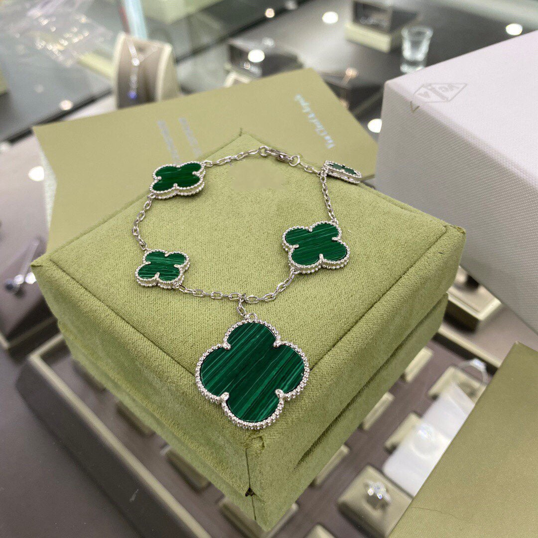 [Clara Jewels]CLOVER 5 MOTIFS SIVLER MALACHITE BRACELET