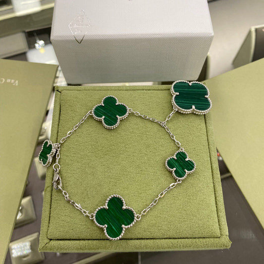 [Clara Jewels]CLOVER 5 MOTIFS SIVLER MALACHITE BRACELET