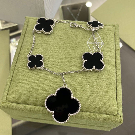 [Clara Jewels]CLOVER 5 MOTIFS SIVLER ONYX BRACELET