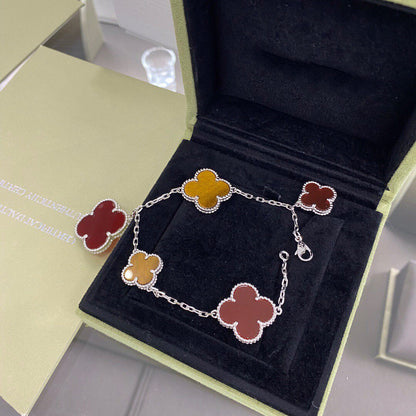 [Clara Jewels]CLOVER 5 MOTIFS SIVLER CARNELIAN TIGER EYE BRACELET