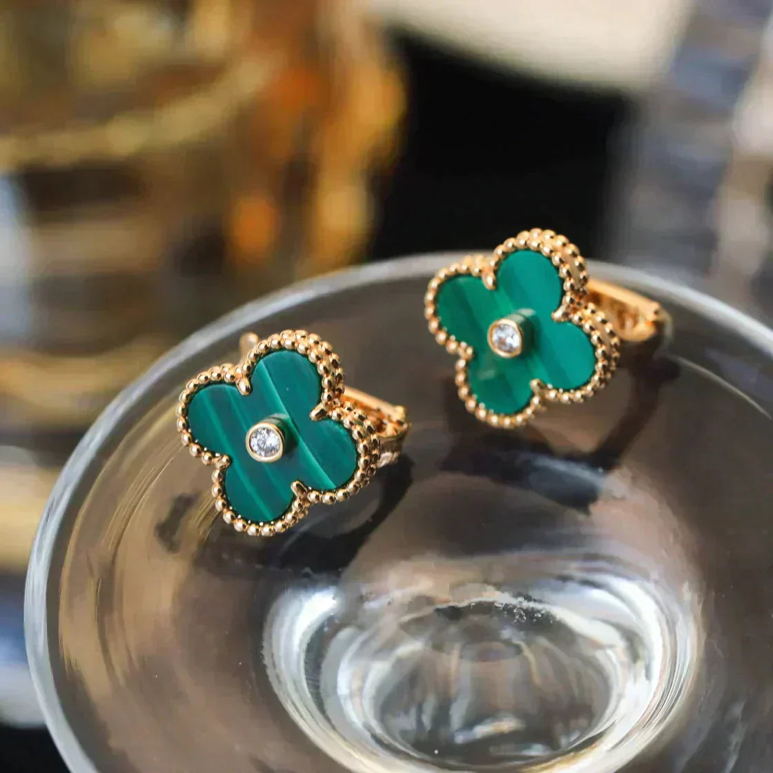 [Clara Jewels]CLOVER MEDIUM 1 MOTIFS MALACHITE DIAMOND EARRINGS