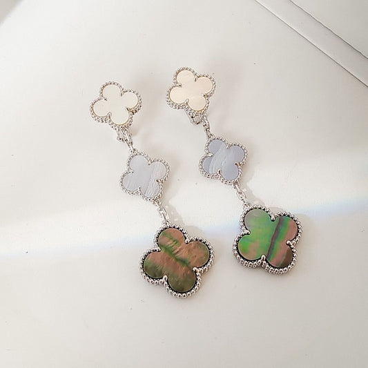 [Clara Jewels]CLOVER 3 MOTIFS CHALCEDONY DARK MOP SILVER EARRINGS
