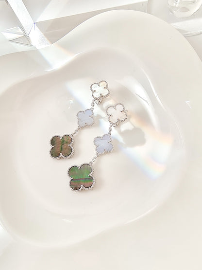 [Clara Jewels]CLOVER 3 MOTIFS CHALCEDONY DARK MOP SILVER EARRINGS