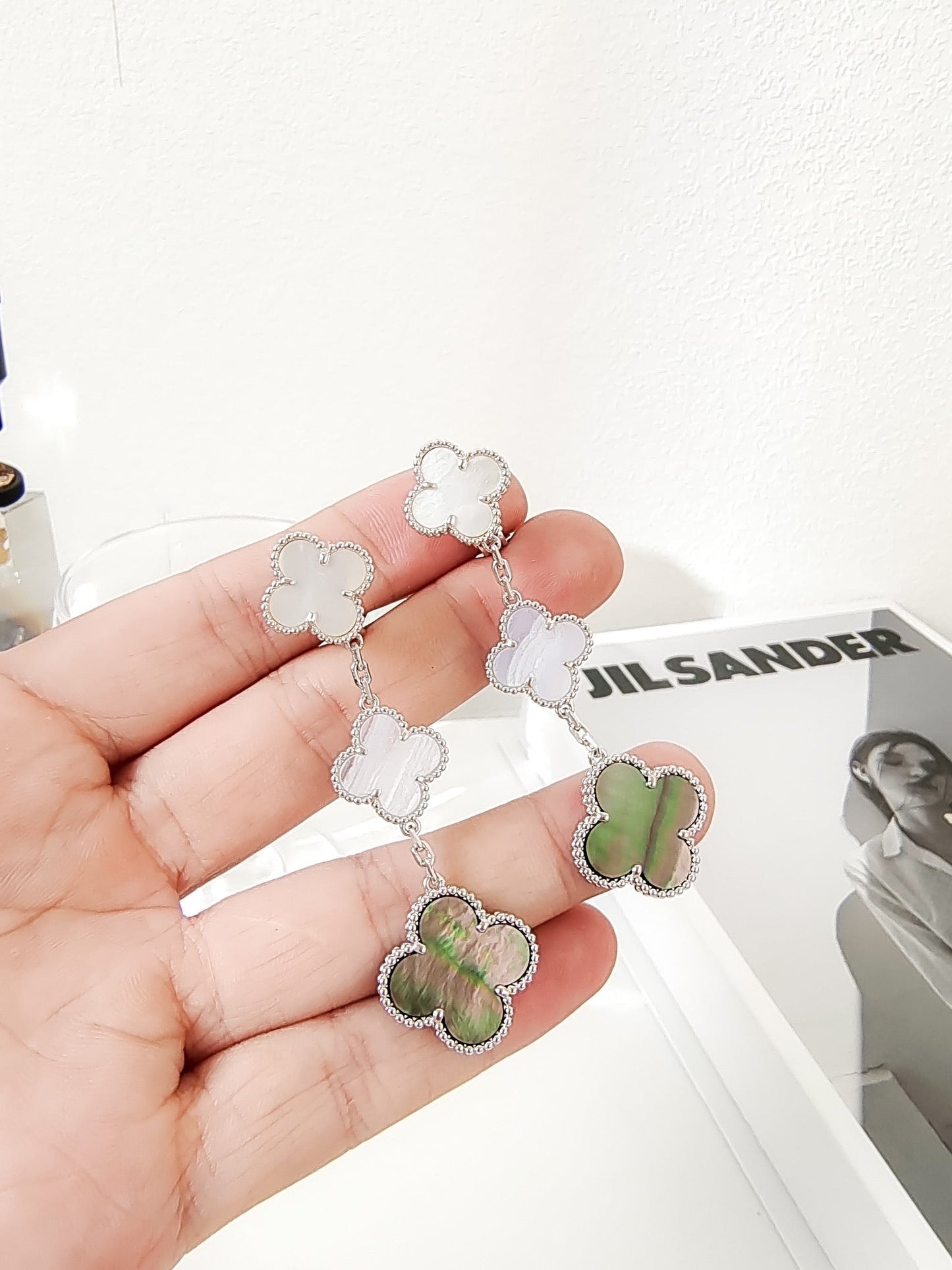 [Clara Jewels]CLOVER 3 MOTIFS CHALCEDONY DARK MOP SILVER EARRINGS