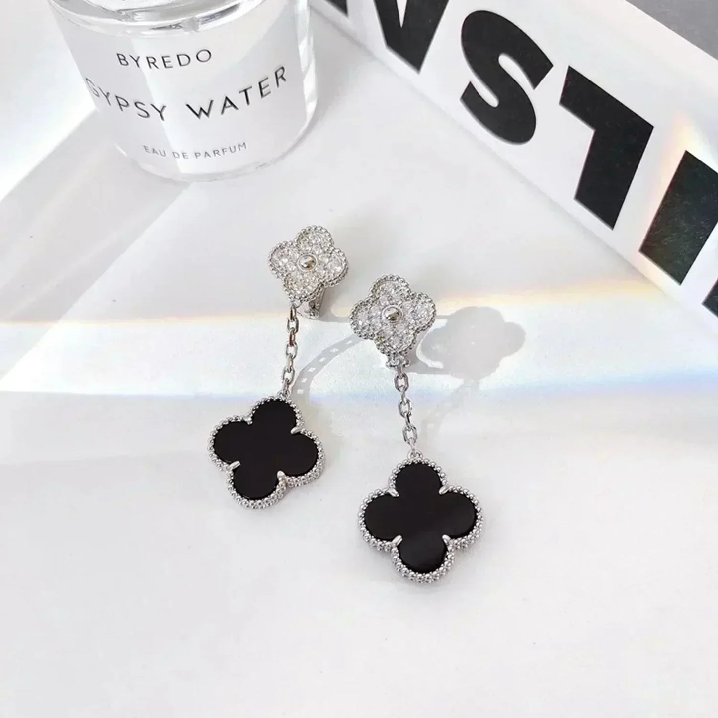 [Clara Jewels]CLOVER 2 MOTIFS  DIAMOND ONYX EARRINGS SILVER